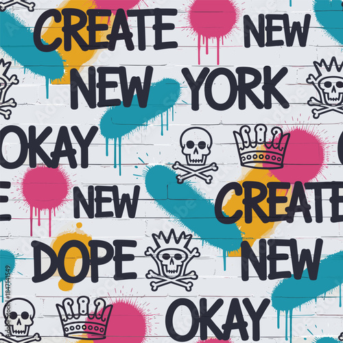 Graffiti Style Seamless Pattern with Words and Skulls on White Brick Wall street art urban