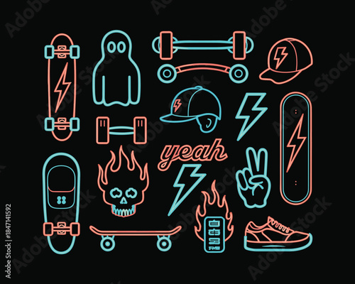 Neon Skateboard Skull Ghost Lightning Bolt Sneakers Cap Peace Sign Yeah Design vector illustration