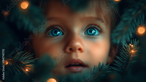 Toddler with wide blue eyes peeking through festive Christmas tree branches, experiencing childlike wonder and holiday magic, anticipating gifts and celebration