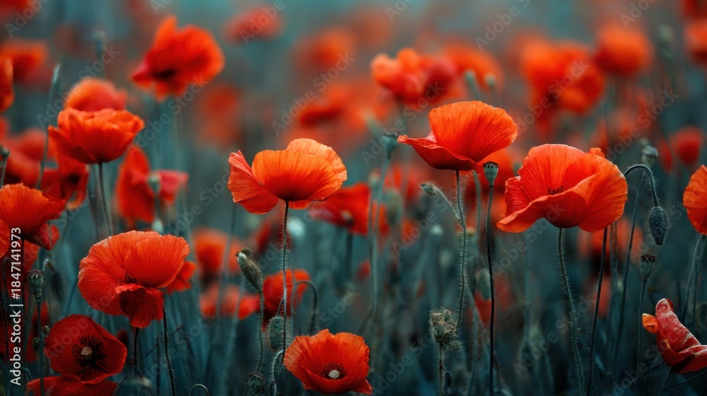 Obraz premium Bright red poppies fill a field under sunlight in spring. The flowers sway gently in the breeze as bees and butterflies move among them creating a lively scene.