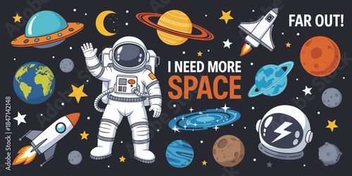 Whimsical space scene with astronaut, planets, rockets, UFO, and text INEDMORESPACE Keywords: space, astronaut, planets, stars
