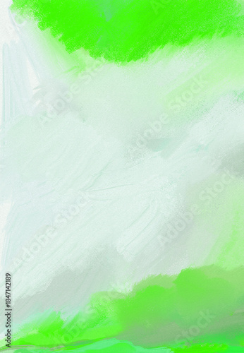Impressionistic Seascape of Ocean or Lake Shoreline Under Puffy Billowing Clouds in Sky Above - Digital Design, Art, Painting, Illustration, Artwork-In Neon Lime Green & Gray