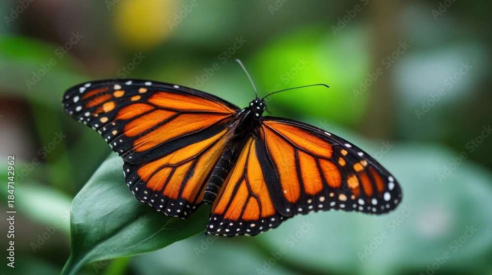Fototapeta premium A monarch butterfly with bright orange and black wings rests on a green leaf in a lush garden. The scene shows vibrant colors and natural beauty during a sunny summer day.