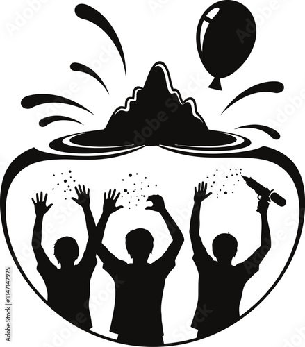 Silhouette of people celebrating with balloon and splash