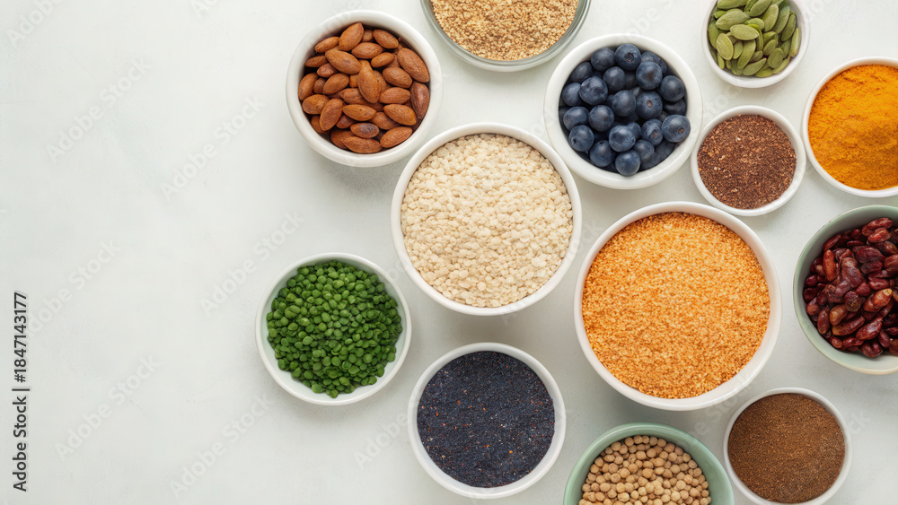 Fototapeta premium Nutrient rich food graphic scene. Assorted superfoods in bowls including nuts, seeds, berries, and grains on white background