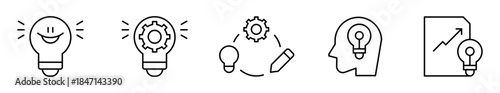 Pack de iconos de creatividad e innovación. Bombilla feliz iluminada, bombilla con engranaje, idea creativa integrada, mente innovadora y documento con visión de crecimiento. Diseño vectorial lineal
