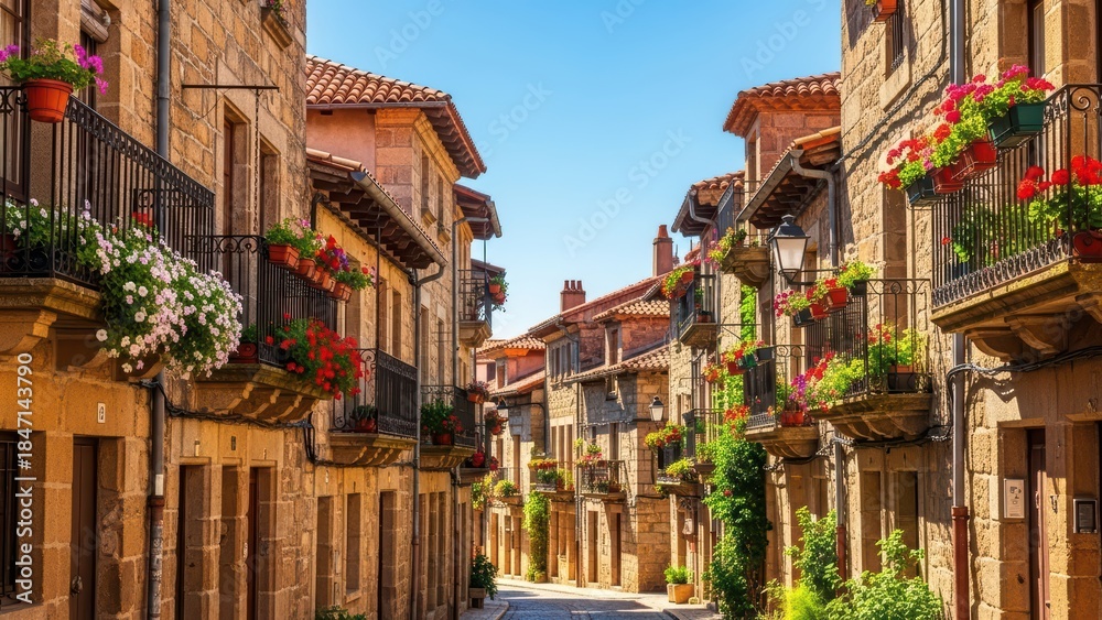 Fototapeta premium Charming historic european village street with stone buildings and colorful floral balconies