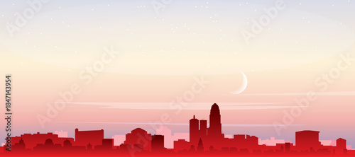 Red panoramic poster of the city skyline with misty background buildings, sunrise, moon and clouds of LOUISVILLE, UNITED STATES