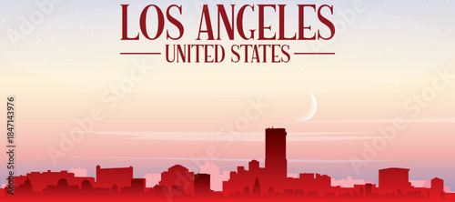 Red panoramic poster of the city skyline with misty background buildings, sunrise, moon and clouds of LOS ANGELES, UNITED STATES