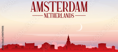 Red panoramic poster of the city skyline with misty background buildings, sunrise, moon and clouds of AMSTERDAM, NETHERLANDS