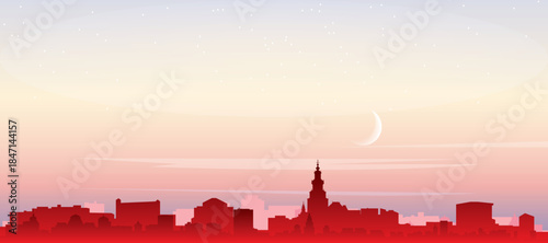 Red panoramic poster of the city skyline with misty background buildings, sunrise, moon and clouds of AMSTERDAM, NETHERLANDS