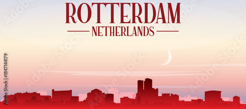 Red panoramic poster of the city skyline with misty background buildings, sunrise, moon and clouds of ROTTERDAM, NETHERLANDS