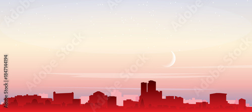 Red panoramic poster of the city skyline with misty background buildings, sunrise, moon and clouds of ROTTERDAM, NETHERLANDS