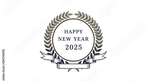 Happy New Year 2025 elegant laurel wreath celebration emblem