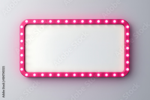 Pink marquee light frame with glowing bulbs on a grey background with white blank space for billboard advertisement or event signage 3d mockup