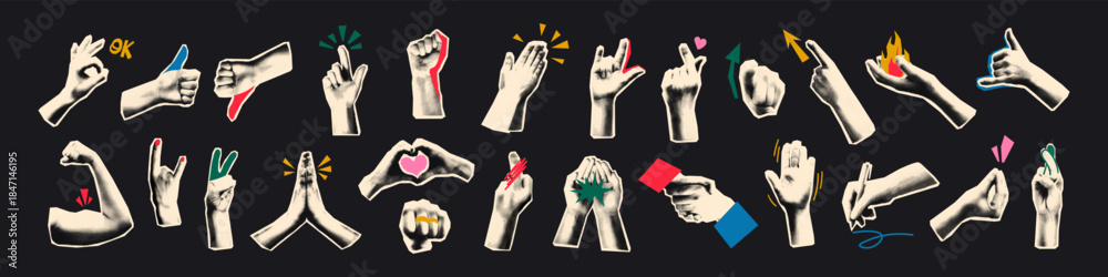 Fototapeta premium Trendy halftone elements set for collage and scrapbook. Cut out from magazine hand emoji gestures collection. Hands signs grunge punk dotted stickers with doodles Modern retro vector illustration