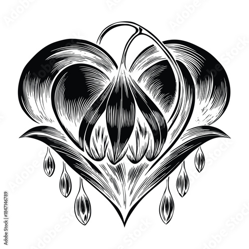 Hand Drawn Vector Bleeding Heart Flower with Hanging Heart Blooms and Detailed Botanical Elements for Art Prints and Scrapbooking