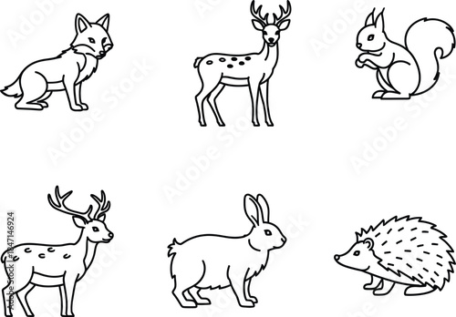 Black line icons of neat fox rabbit deer squirrel hedgehog beaver forest animal