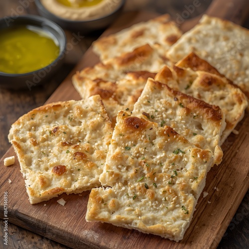 Crispy sliced flatbread topped with cheese, sesame seeds, and herbs, served on a wooden board with olive oil dip. Perfect snack or appetizer with a warm, rustic food styling.