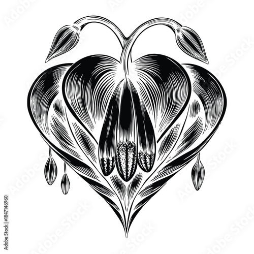 Elegant Bleeding Heart Flower Vector Design with Soft Pastel Tones Detailed Line Work for Botanical Prints and Decorative Projects
