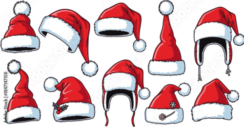 Santa Claus hat collection, Santa red hats with white fur, Winter cap, Christmas element, Vector illustration
