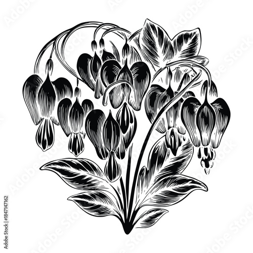Bleeding Heart Flower Vector Illustration with Pink Heart Shaped Petals on White Background Detailed Botanical Artwork for Design Projects