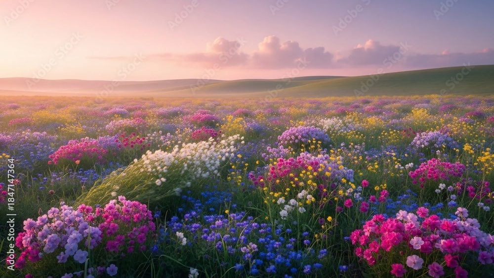 Fototapeta premium Vibrant Wildflower Field at Sunrise with Rolling Hills
