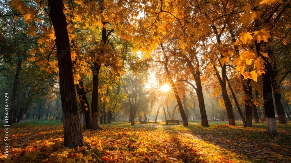 Obraz premium Sunlight filters through trees displaying orange and yellow leaves in a park. The ground is covered with fallen leaves. It's morning and the atmosphere feels fresh and bright.