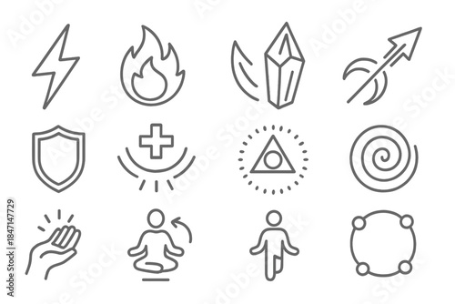 Spellcasting Icon Collection. Line style icons of spellcasting: lightning bolt, fireball, ice shard, magic missile; shield spell,