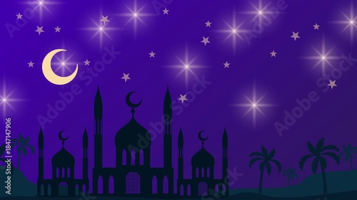 Animated night landscape video featuring mosque silhouettes with minarets and palm trees. Glowing crescent moon shines while stars softly twinkle in the dark sky, creating calm oriental atmosphere.