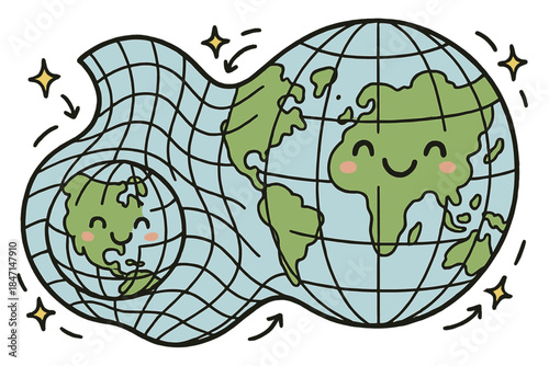 Playful Map Distortions. Playful doodle projection distortion illustration with happy world maps, cartoon grids bending playfully,