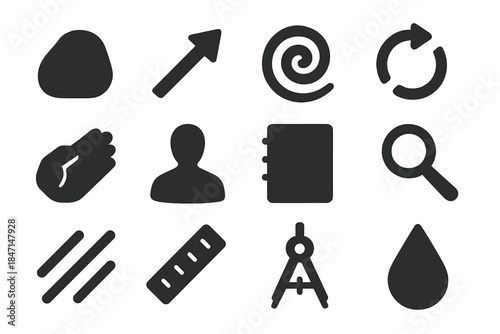 Optimal Angle Icons. Solid style icons of optimal angle and spin: stone, arrow, spiral, rotation lines, hand, human silhouette,