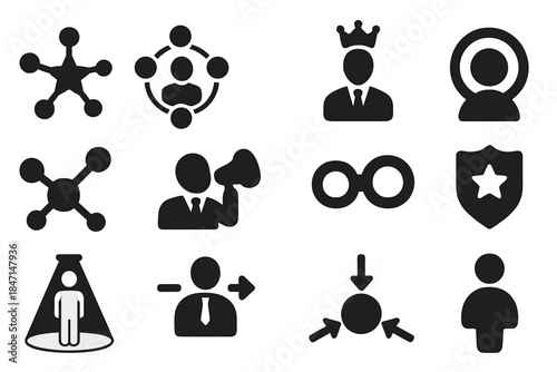 Influencer Icon Set. Solid style icons of key influencer identification: central star node, leader figure, crown on hub,