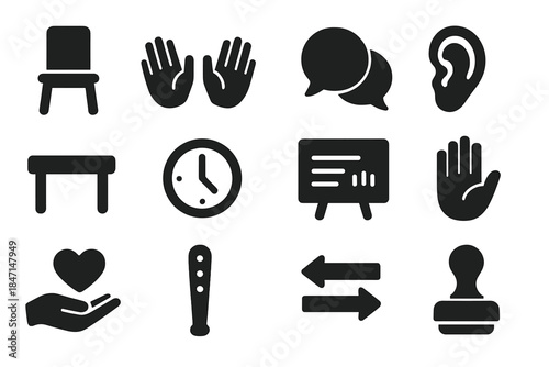 Mediation Technique Icons. Solid style icons of Mediation Techniques: mediator chair, open hands, dialogue bubble, listening ear,