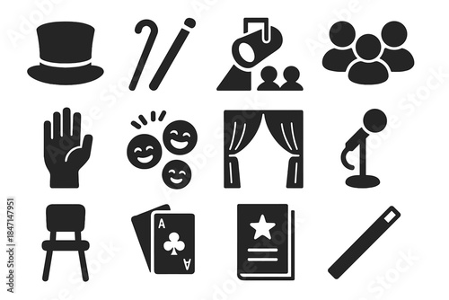 Hypnosis Show Icons. Solid style icons of Stage hypnosis: top hat, cane, spotlight, audience silhouette, raised hand, laughing