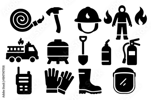 Firefighting Equipment Icons. Solid style icons of Firefighting equipment: fire hose, axe, helmet, flame retardant suit, fire