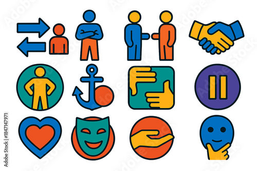 Psychological Tactics Icons. Flat vector icons of psychological tactics: persuasion arrows, body language posture, mirroring