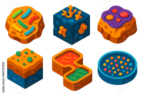 Geomicrobiology Icons Set. Isometric vector illustration set Geomicrobiology: microbes on rock surfaces, mineral precipitation,