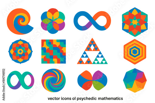 Psychedelic Math Icons. Flat vector icons of Psychedelic Mathematics: fractal spiral, sacred geometry flower, infinity loop,