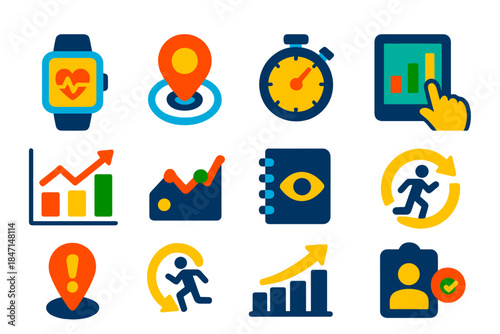 Monitoring Icons Set. Flat vector icons of monitoring and performance assessment: heart rate monitor, GPS tracker, stopwatch, data