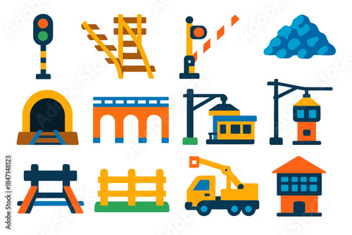 Railway Infrastructure Icons. Flat vector icons of Railway Infrastructure: signal post, track switch, level crossing gate, ballast