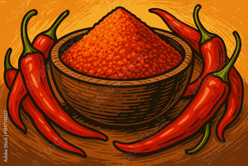 Spicy Culinary Colors. Close-up vector illustration of vibrant chili powder in a rustic wooden bowl surrounded by fresh red