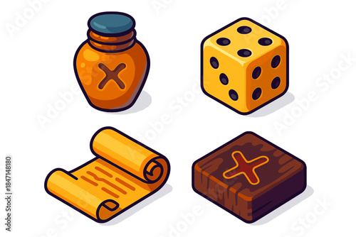 Ancient Game Artifacts. Isometric vector illustration set Ancient Game Artifacts: Sealed clay piece jar, engraved ivory die,