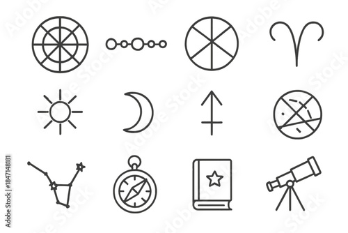 Astrological Tool Icons. Line style icons of Astrological Tools: Birth Chart, Planet Alignment, House Segmentation, Zodiac Sign;