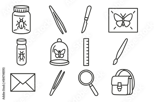 Insect Collecting Tools Icons. Line style icons of insect collecting tools: killing jar, forceps, scalpel, spreading board;