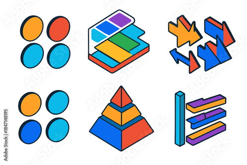Gestalt Visual Perception Icons. Isometric vector illustration set Visual Perception in Charts: Gestalt grouping icons, color