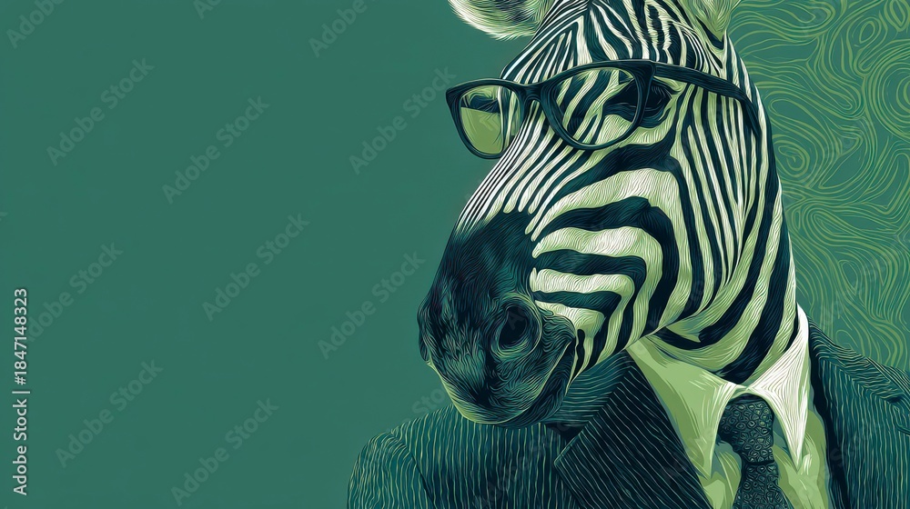 Obraz premium A zebra with a human body wearing a suit and glasses, set against a teal and green background