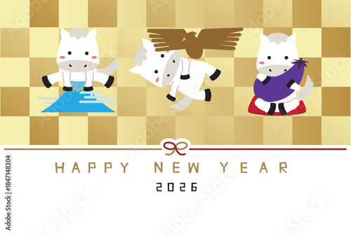 HAPPY NEW YEAR　年賀状2026　初夢白馬　1富士2鷹3茄子　金屏風