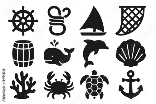 Maritime Culture Icons. Solid style icons of Maritime Culture: Helm, Rope, Sailcloth, Fishing Net, Barrel, Whale, Dolphin, Shell,