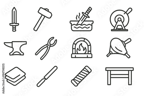 Weapon Crafting Icons. Line style icons of Weapon Crafting: Pattern-Welded Blade, Hammer, Quench Bath, Sharpening Stone; Anvil,